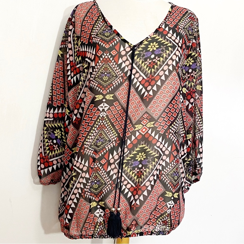 NEW GLORY boho geometric sheer polyester print tassel accent top blouse …